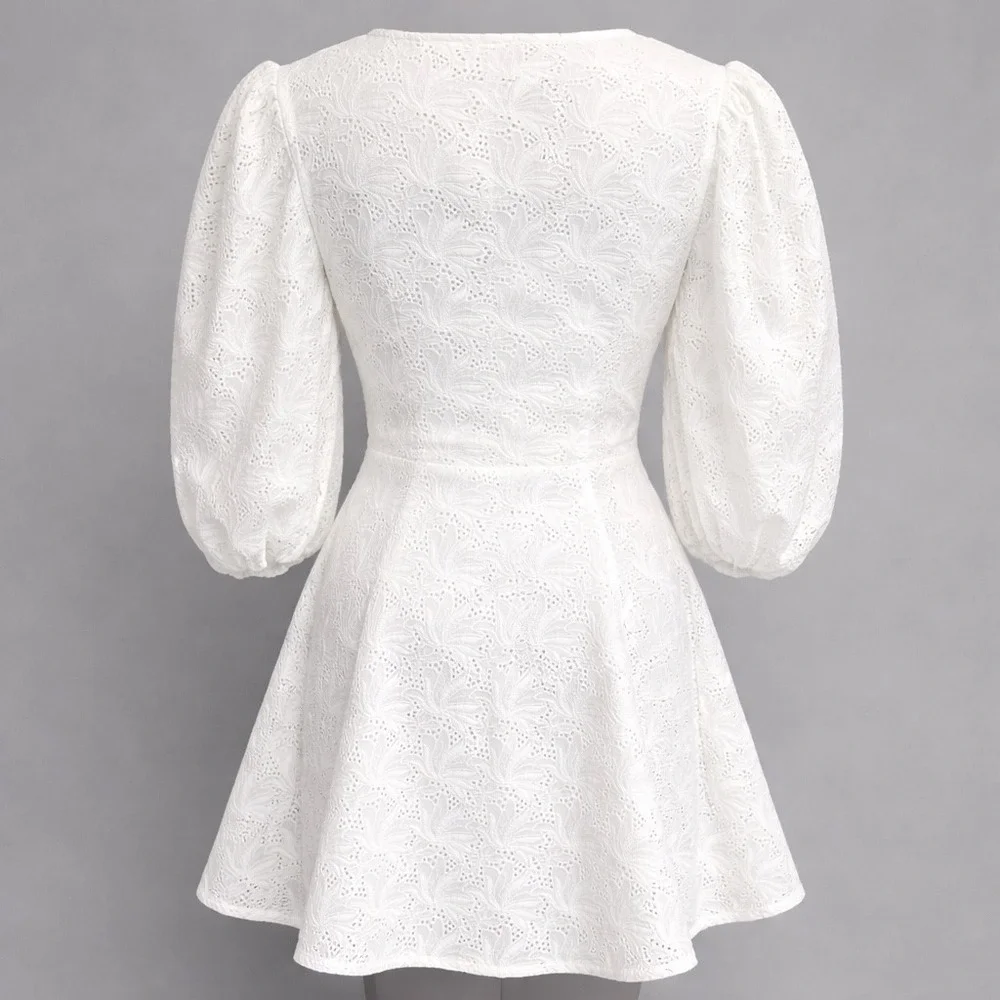 Nicholas‎ Danni Dress White Featherington Eyelet Puff Sleeve Mini Dress Size 8